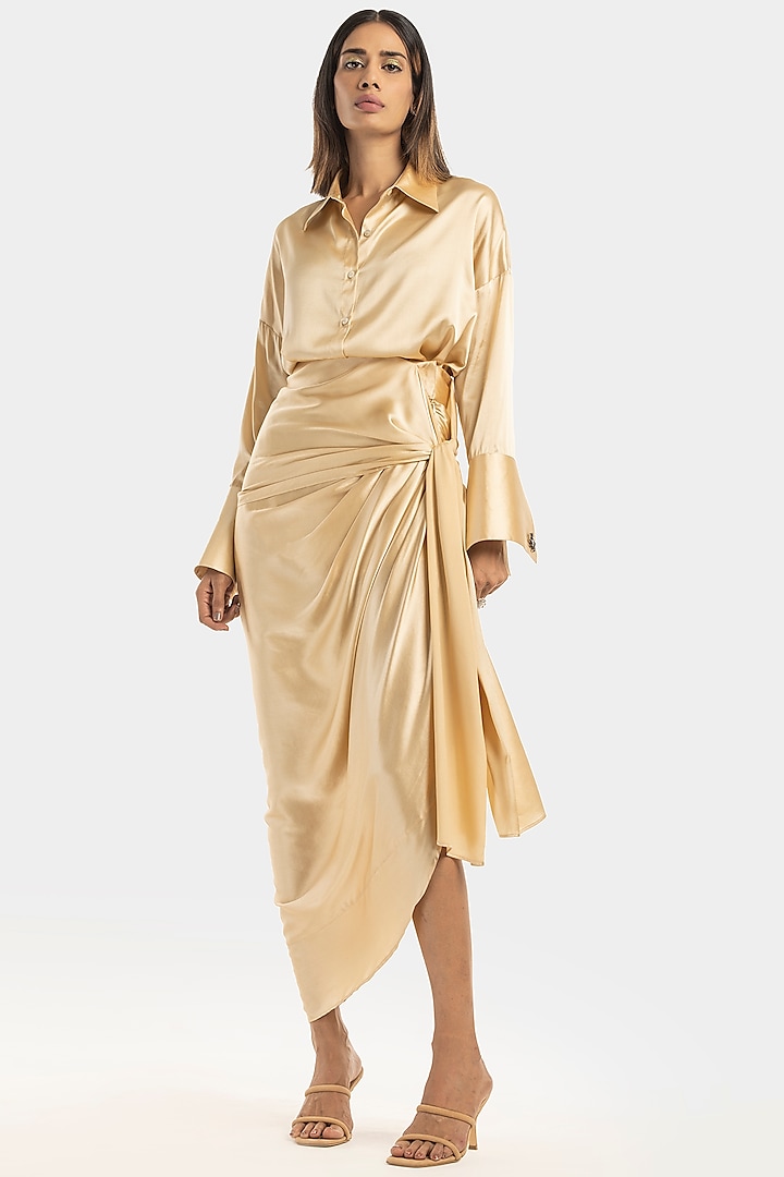 Champagne Silk Satin Draped Skirt by 431-88 By Shweta Kapur