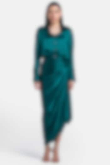 Forest Green Silk Satin Draped Skirt by 431-88 By Shweta Kapur