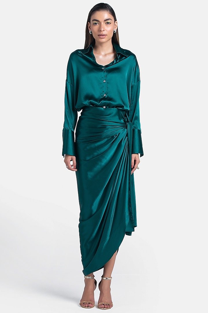 Forest Green Silk Satin Draped Skirt by 431-88 By Shweta Kapur