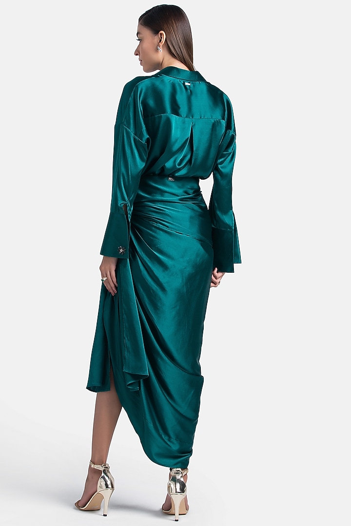 Forest Green Silk Satin Draped Skirt by 431-88 By Shweta Kapur at Pernia's Pop Up Shop