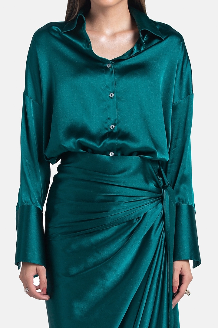 Forest Green Silk Satin Draped Skirt by 431-88 By Shweta Kapur at Pernia's Pop Up Shop