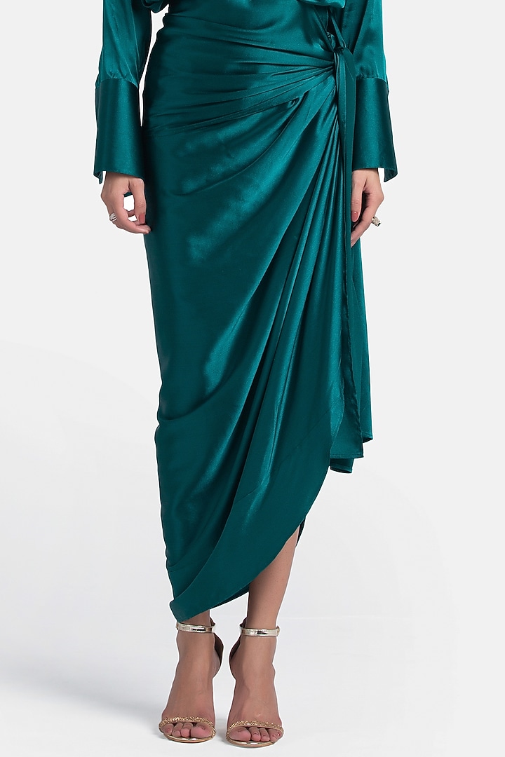Forest Green Silk Satin Draped Skirt by 431-88 By Shweta Kapur at Pernia's Pop Up Shop