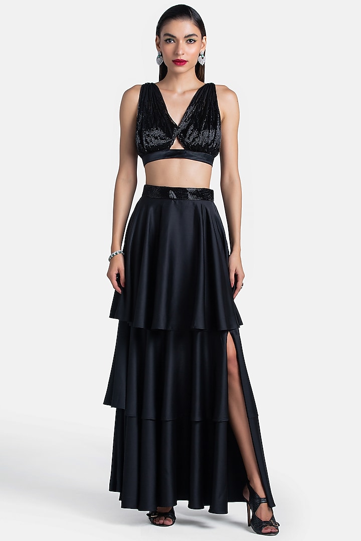 Black Multi-Layered Flared Skirt by 431-88 By Shweta Kapur