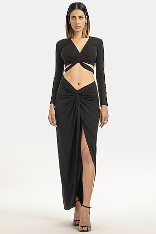 Black Shimmer Jersey Draped Skirt by 431-88 By Shweta Kapur