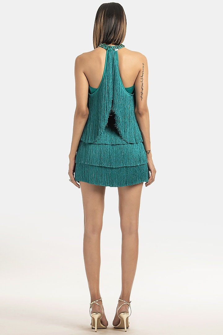 Emerald Green Mini Skirt In Fringe by 431-88 By Shweta Kapur at Pernia's Pop Up Shop