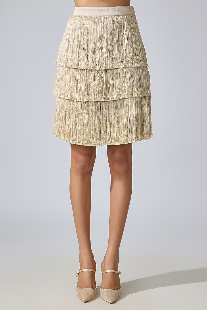Beige Fringe Fabric Mini Skirt by 431-88 By Shweta Kapur at Pernia's Pop Up Shop