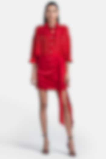 Red Satin Mini Skirt by 431-88 By Shweta Kapur