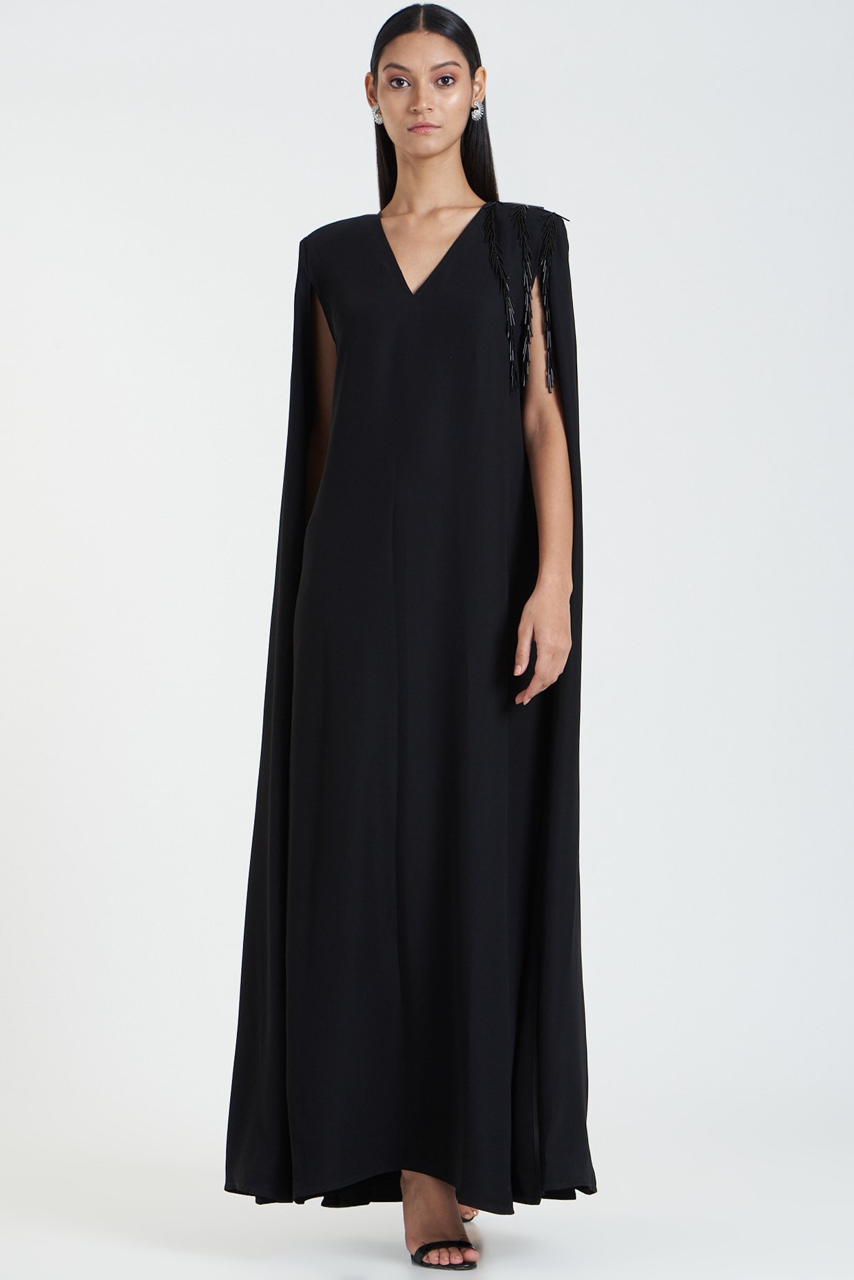 Black halter Empire waist Maxi Dress with cape | Sumissura