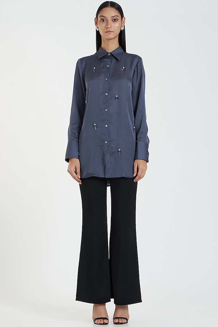 Electric Blue Embroidered Shirt by 431-88 By Shweta Kapur at Pernia's Pop Up Shop