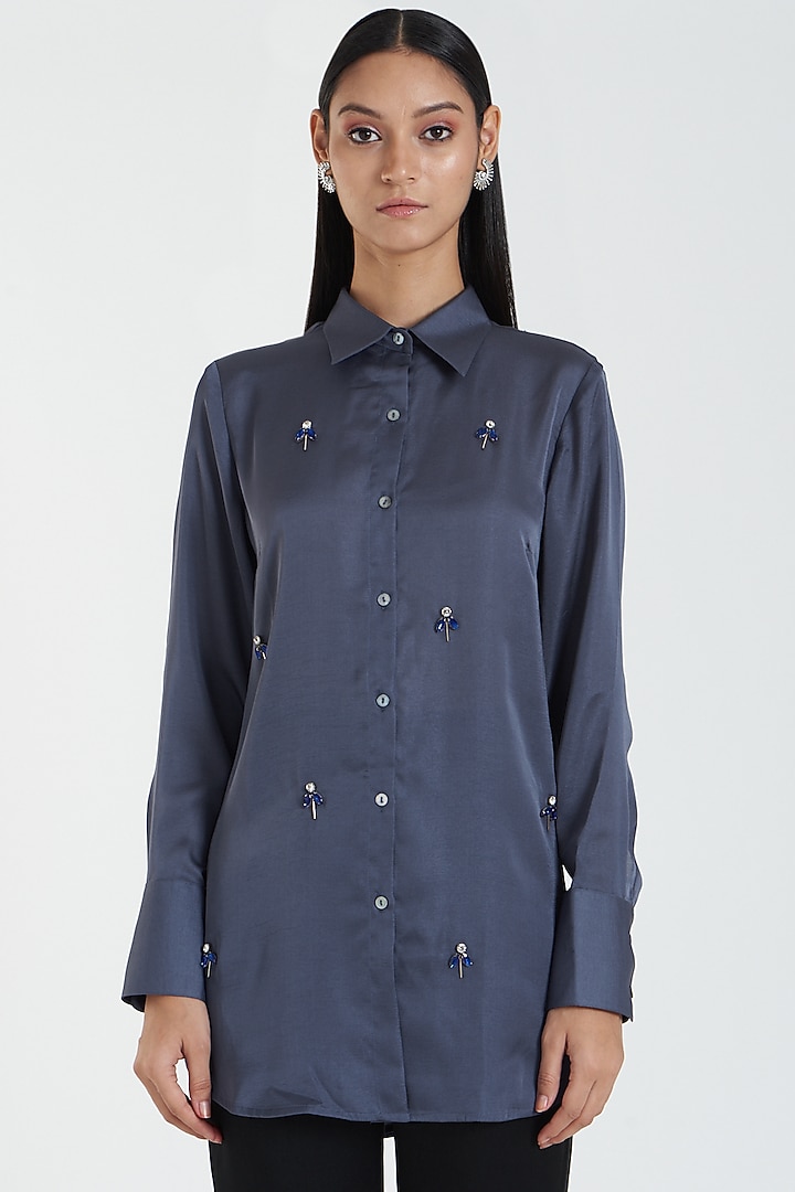 Electric Blue Embroidered Shirt by 431-88 By Shweta Kapur at Pernia's Pop Up Shop