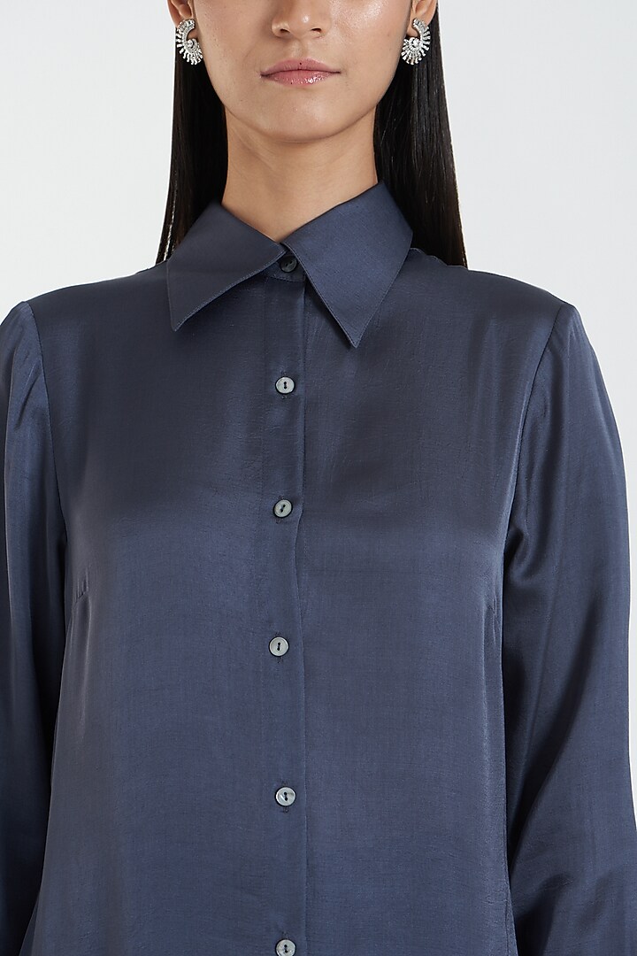 Electric Blue & Black Silk Long Shirt by 431-88 By Shweta Kapur at Pernia's Pop Up Shop