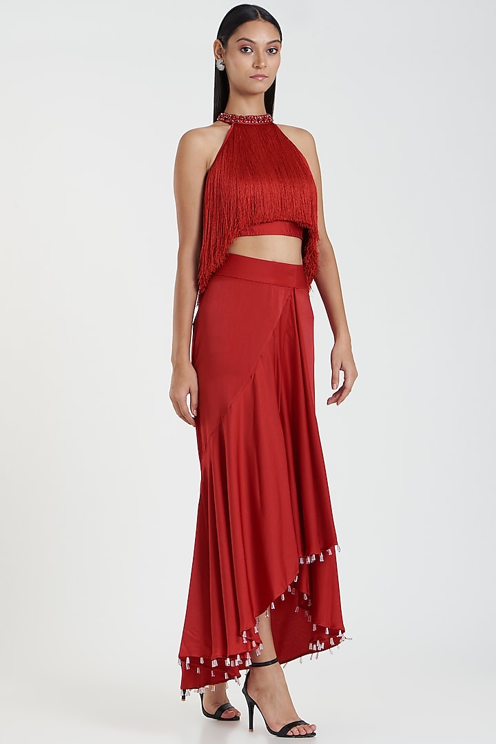Red Embellished Maxi Skirt by 431-88 By Shweta Kapur