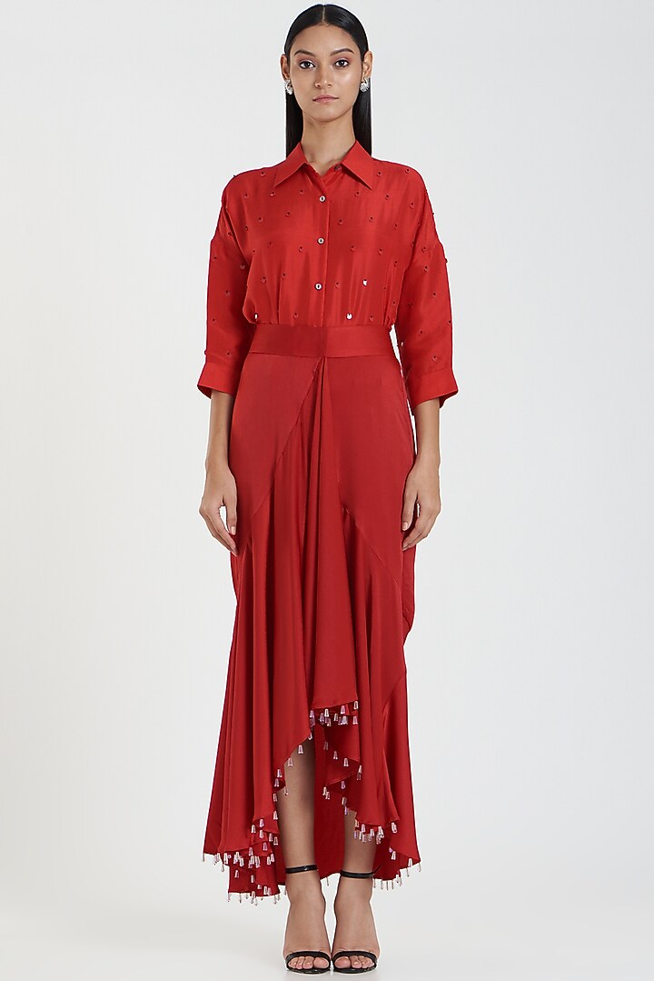 Red Embroidered Shirt by 431-88 By Shweta Kapur at Pernia's Pop Up Shop