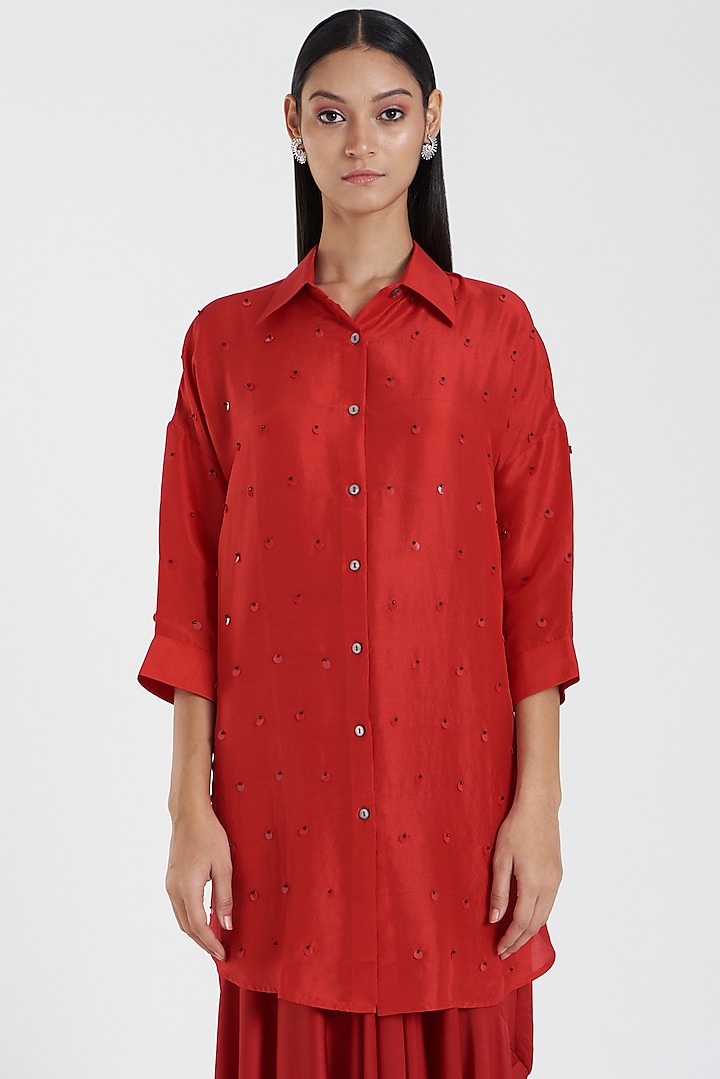 Red Embroidered Shirt by 431-88 By Shweta Kapur