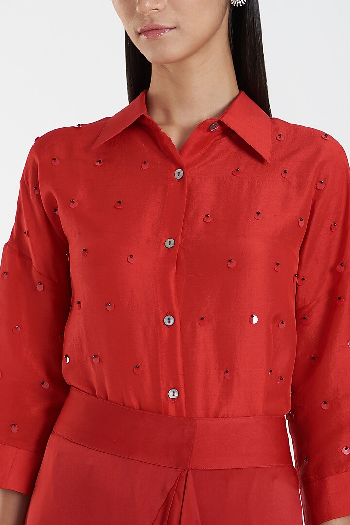 Red Embroidered Shirt by 431-88 By Shweta Kapur at Pernia's Pop Up Shop