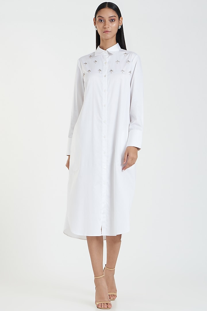Crystal White Embroidered Vacation Shirt Dress by 431-88 By Shweta Kapur at Pernia's Pop Up Shop