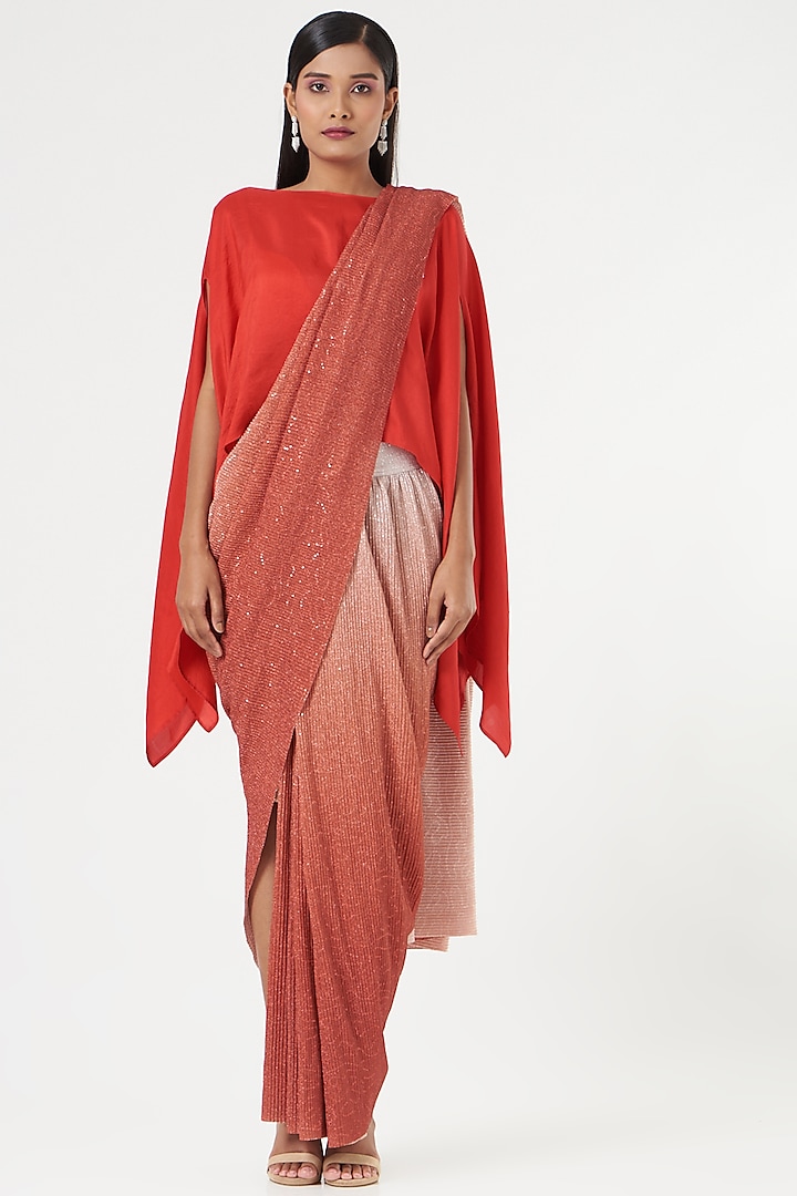 Peach Pleated Sequins Pre-Draped Saree Set by 431-88 By Shweta Kapur at Pernia's Pop Up Shop