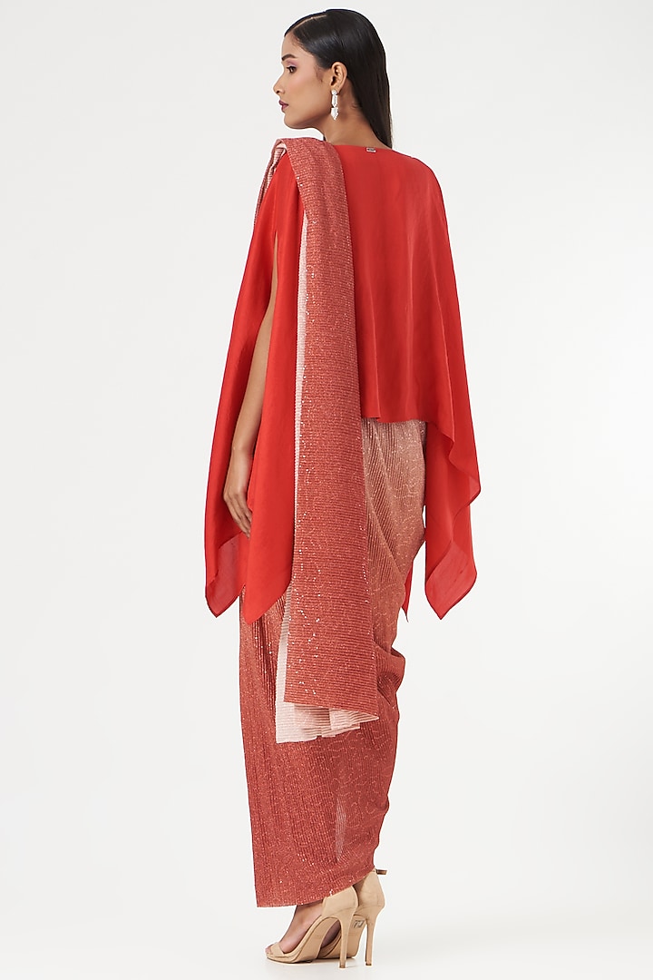 Peach Pleated Sequins Pre-Draped Wedding Saree Set by 431-88 By Shweta Kapur at Pernia's Pop Up Shop