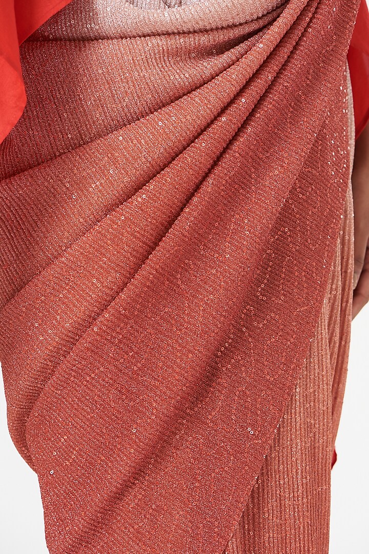 Peach Pleated Sequins Pre-Draped Wedding Saree Set by 431-88 By Shweta Kapur at Pernia's Pop Up Shop