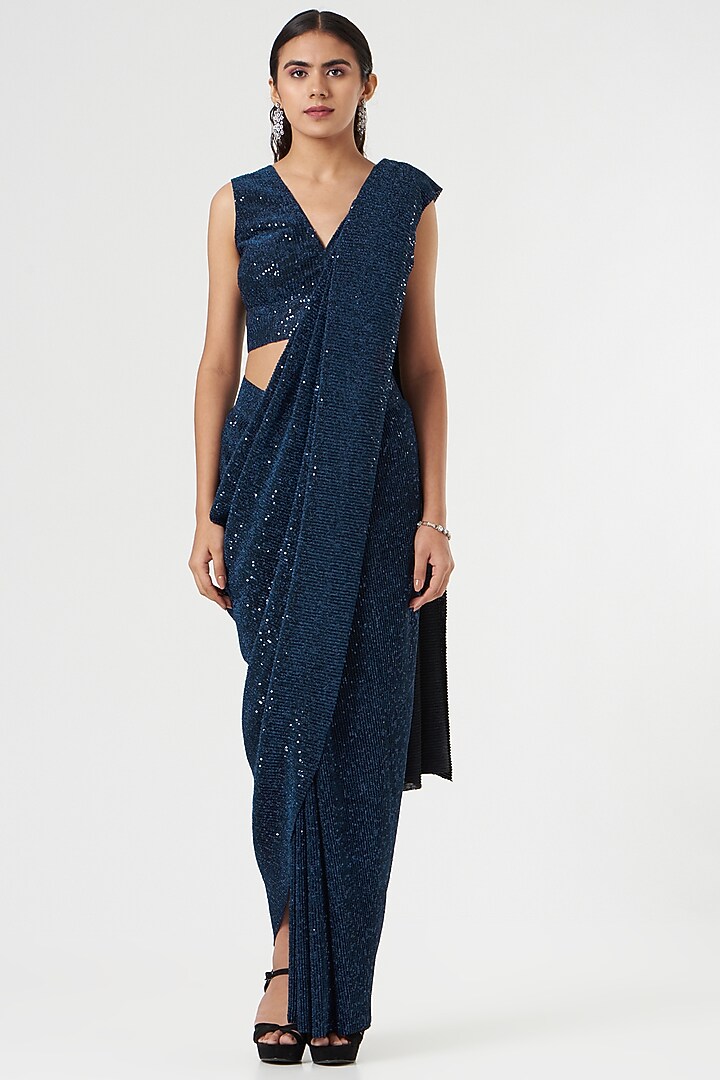 Electric Blue Pleated Sequins Pre-Draped Wedding Saree Set by 431-88 By Shweta Kapur at Pernia's Pop Up Shop