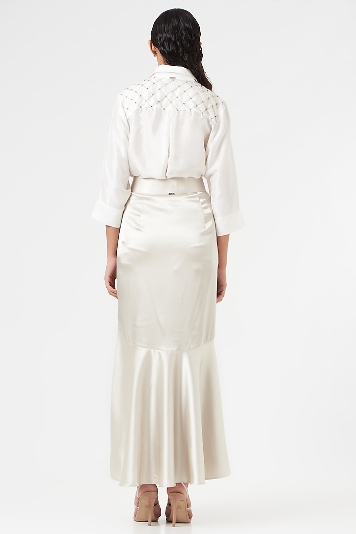 Ecru Satin Draped Skirt by 431-88 By Shweta Kapur at Pernia's Pop Up Shop
