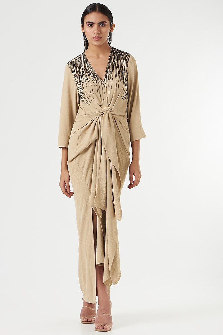 Beige Crepe Twisted Cocktail Dress by 431-88 By Shweta Kapur at Pernia's Pop Up Shop
