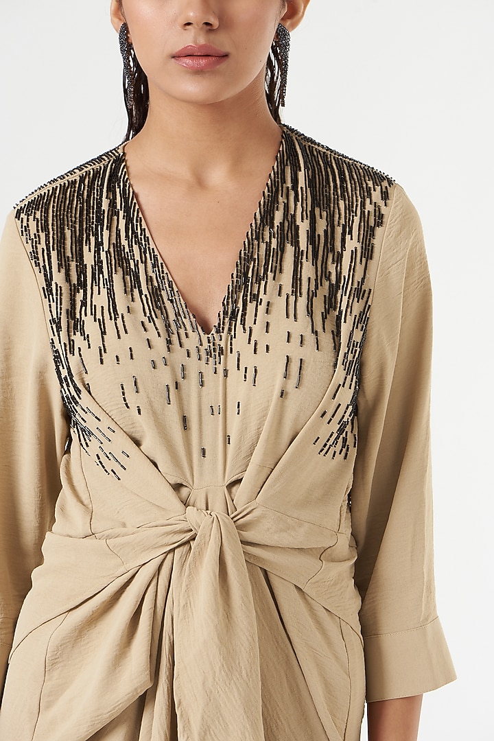 Beige Crepe Twisted Cocktail Dress by 431-88 By Shweta Kapur at Pernia's Pop Up Shop