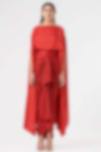 Red Satin Drape Pencil Skirt by 431-88 By Shweta Kapur