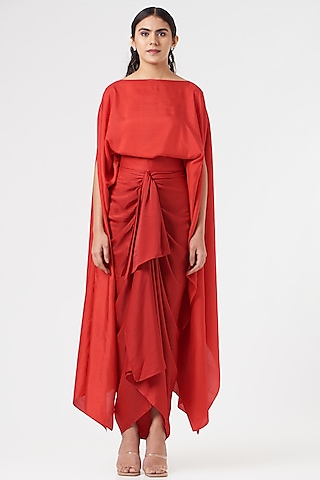 Red Satin Drape Pencil Skirt by 431-88 By Shweta Kapur