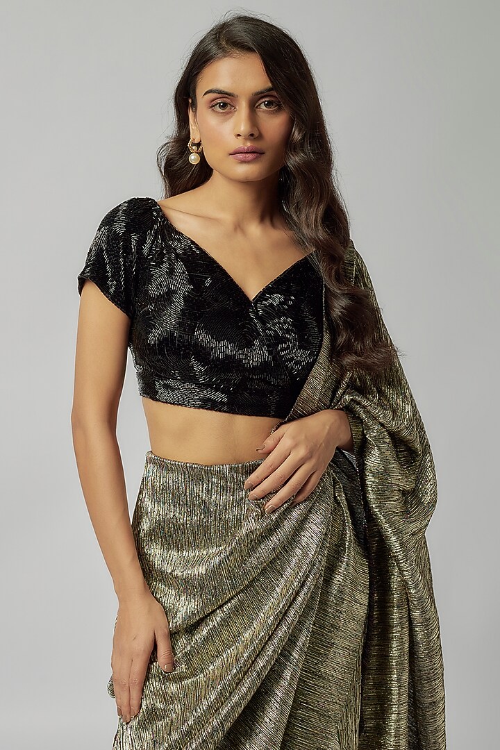 Black Cotton Cutdana Hand Embroidered Blouse by 431-88 By Shweta Kapur at Pernia's Pop Up Shop