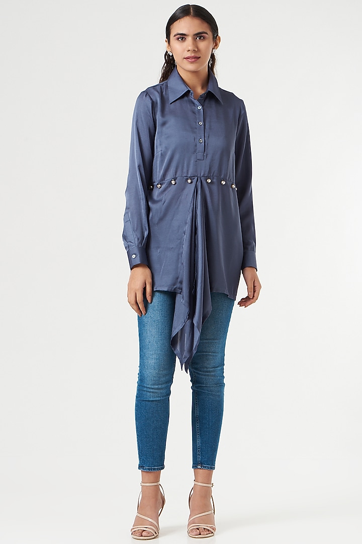 Berry Blue Silk Draped Shirt by 431-88 By Shweta Kapur at Pernia's Pop Up Shop