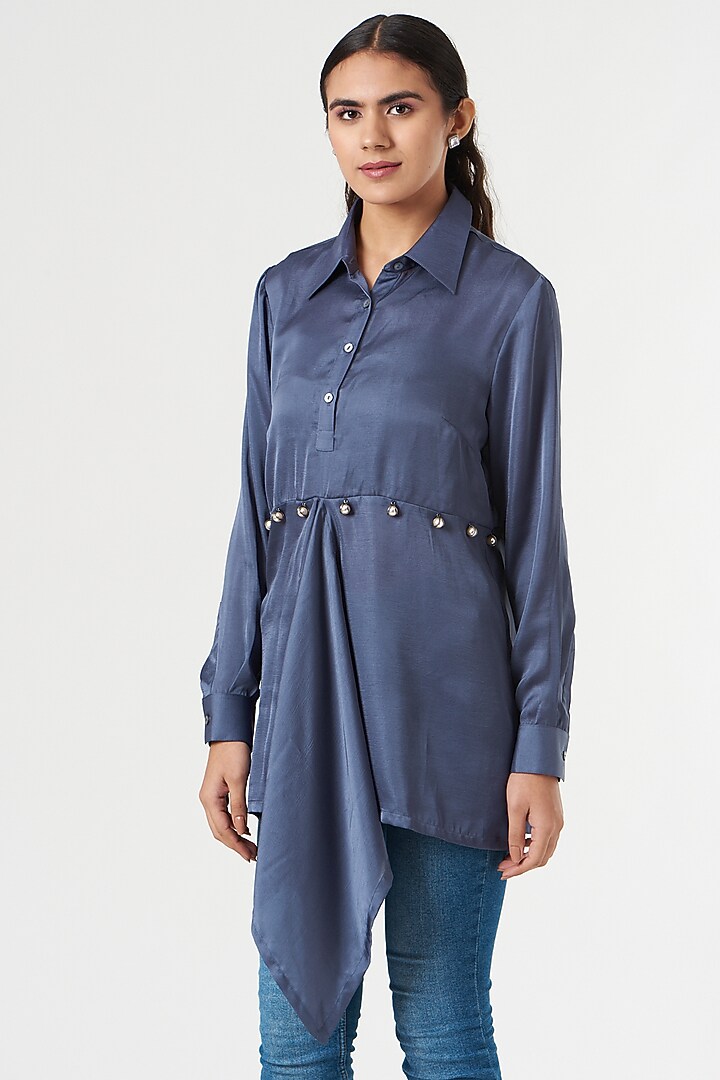 Berry Blue Silk Draped Shirt by 431-88 By Shweta Kapur at Pernia's Pop Up Shop