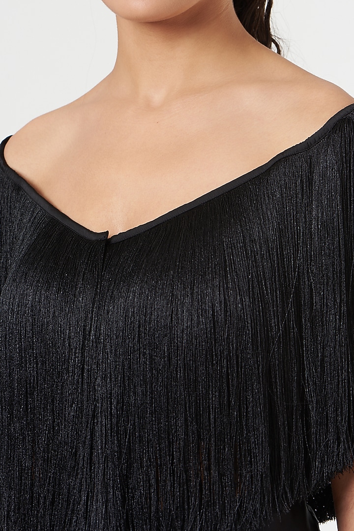 Black Hammered Satin Fringed Top by 431-88 By Shweta Kapur at Pernia's Pop Up Shop