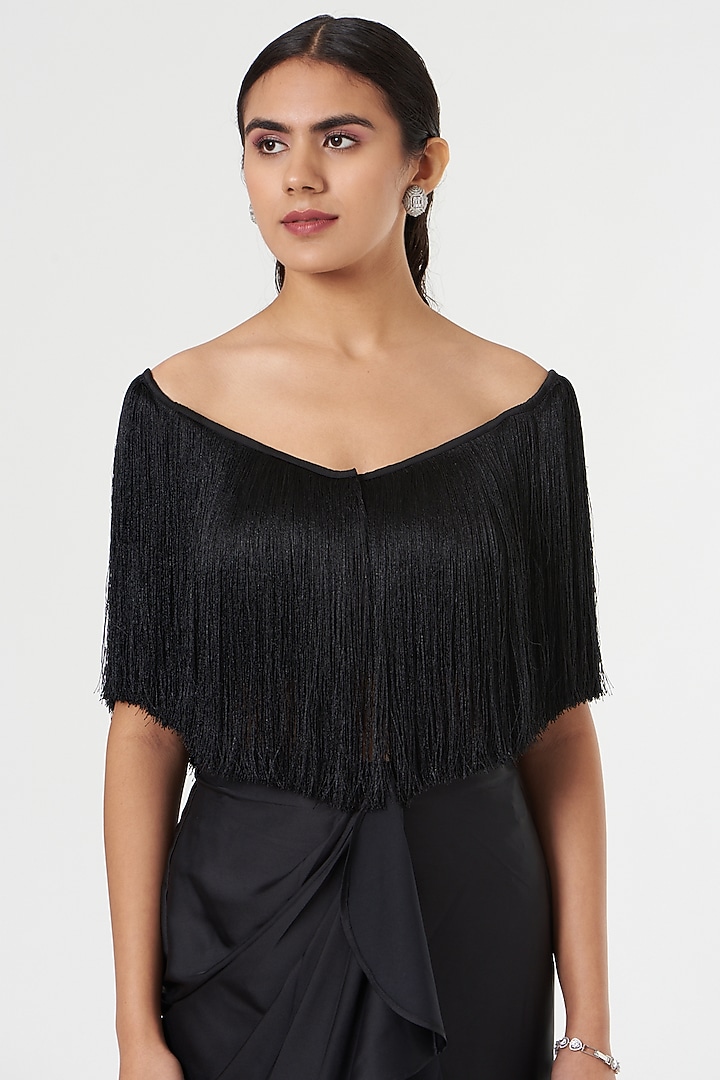 Black Hammered Satin Fringed Top by 431-88 By Shweta Kapur at Pernia's Pop Up Shop