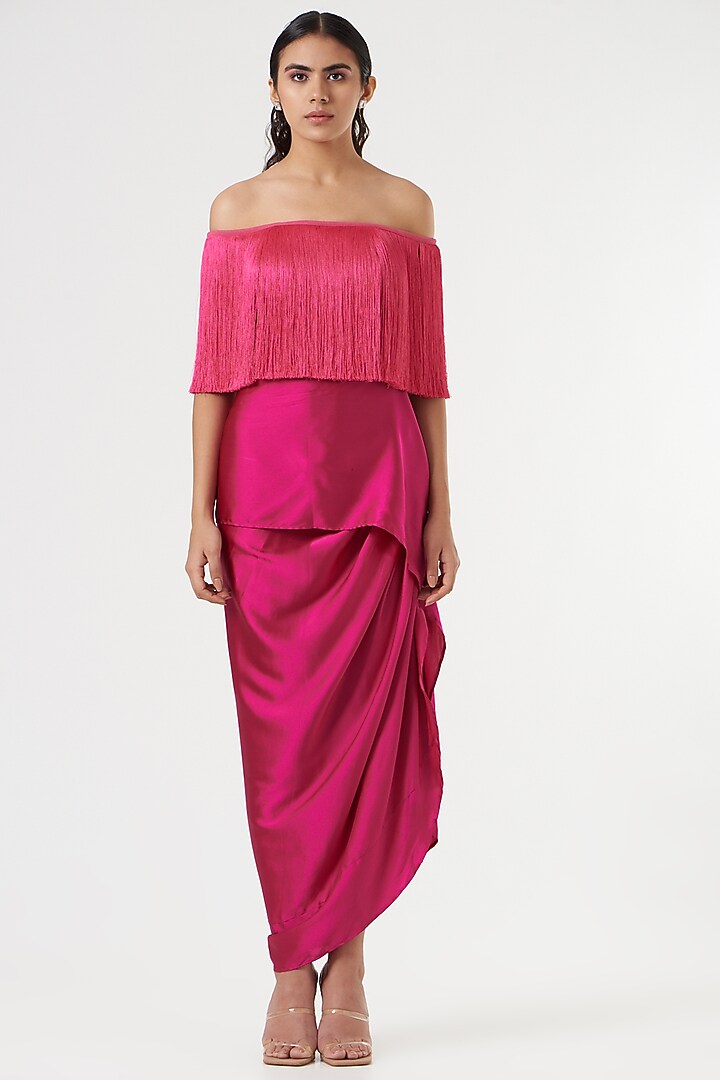 Fuchsia Hammered Satin Fringed Top by 431-88 By Shweta Kapur at Pernia's Pop Up Shop