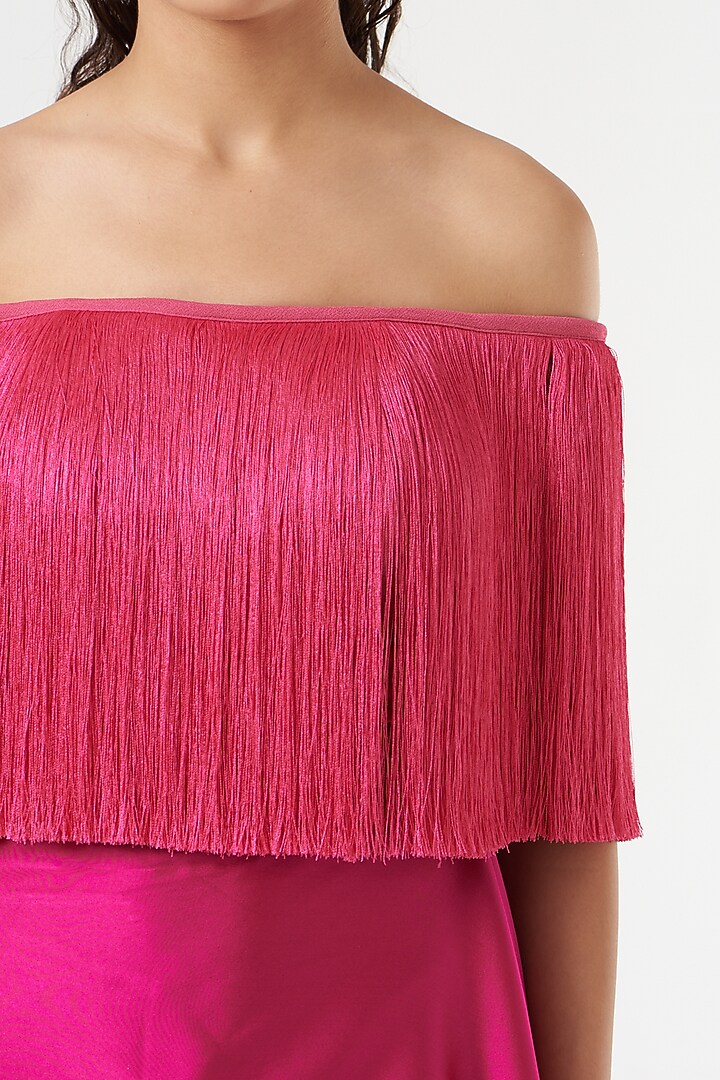 Fuchsia Hammered Satin Fringed Top by 431-88 By Shweta Kapur at Pernia's Pop Up Shop