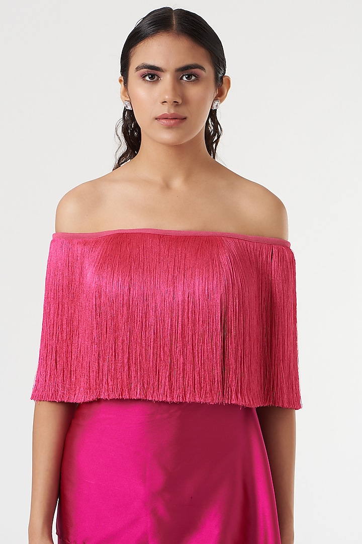 Fuchsia Hammered Satin Fringed Top by 431-88 By Shweta Kapur