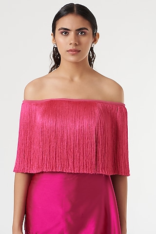 Fuchsia Hammered Satin Fringed Top by 431-88 By Shweta Kapur