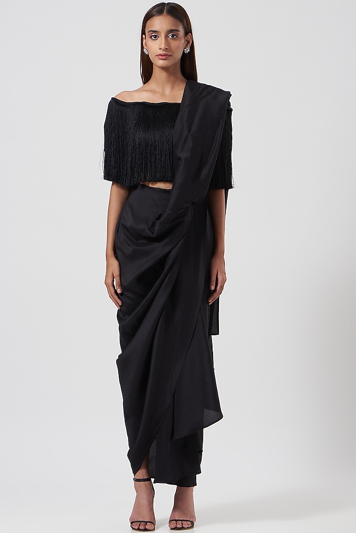 Black Satin Fringe Top by 431-88 By Shweta Kapur at Pernia's Pop Up Shop