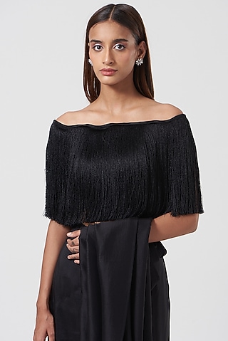 Black Satin Fringe Top by 431-88 By Shweta Kapur