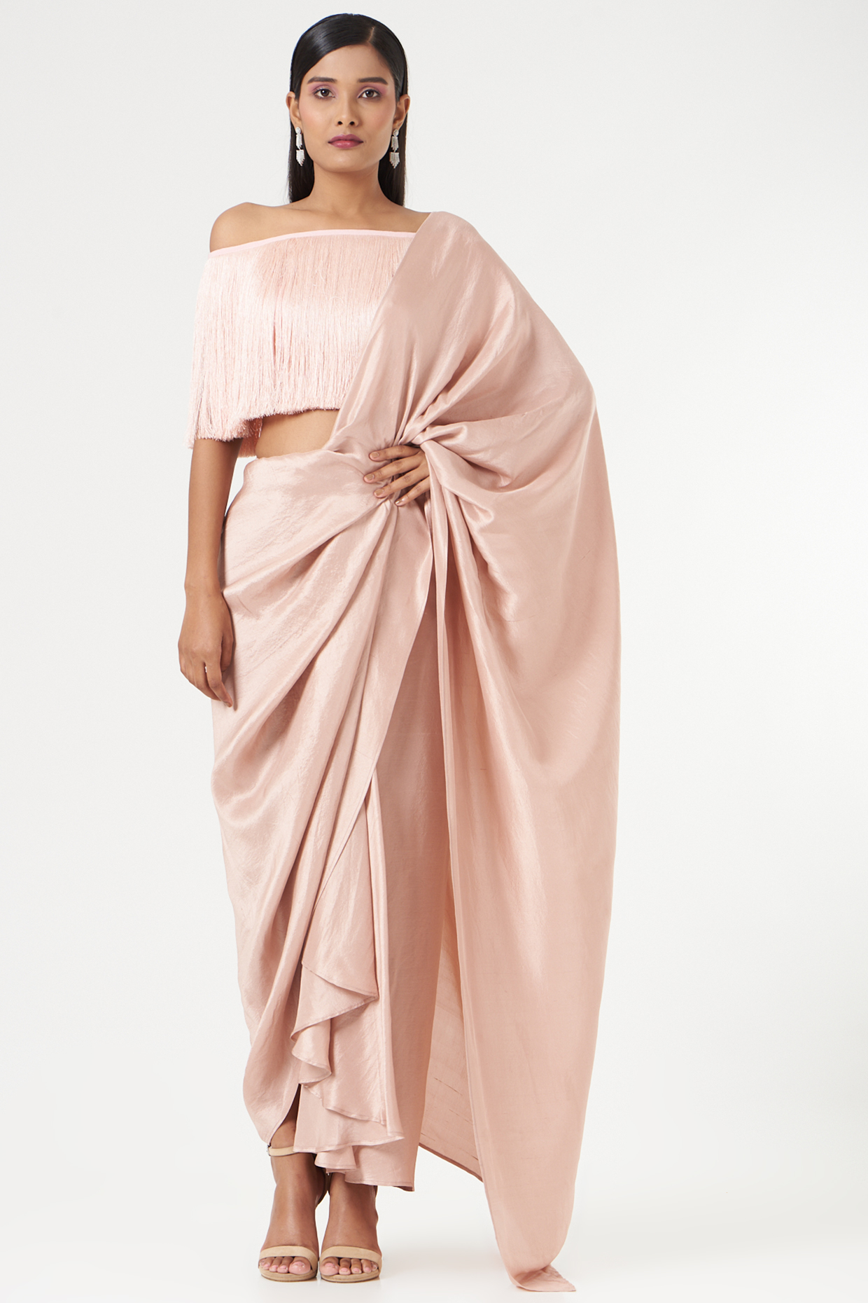 Baby Pink Silk Pre-Draped Wedding Saree Set by 431-88 By Shweta Kapur at Pernia's Pop Up Shop