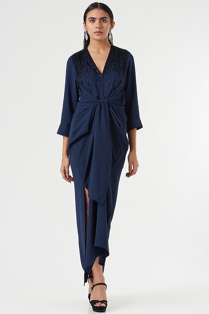 Navy Blue Crepe Twisted Cocktail Dress by 431-88 By Shweta Kapur at Pernia's Pop Up Shop
