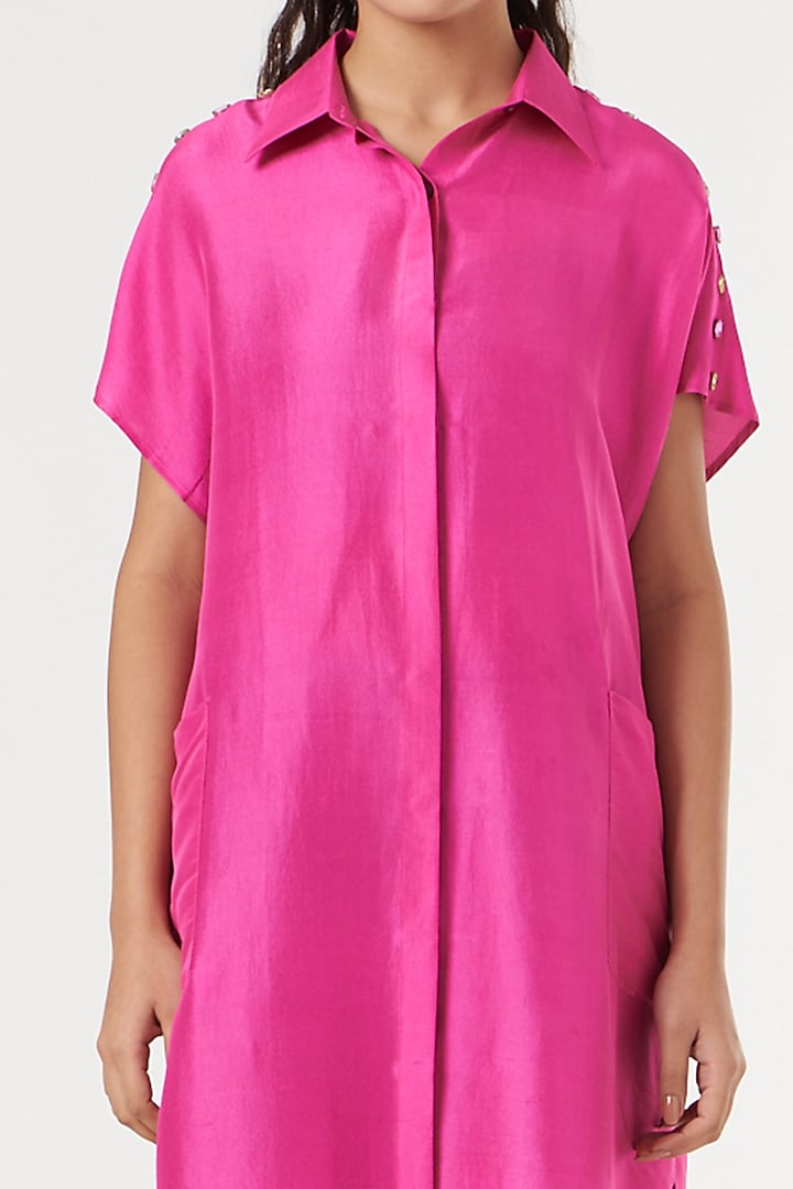 Fuchsia Silk Embellished Tunic Shirt by 431-88 By Shweta Kapur at Pernia's Pop Up Shop