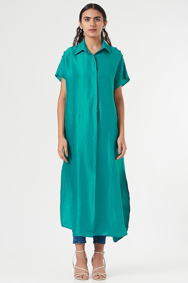 Emerald Silk Embellished Tunic Shirt  by 431-88 By Shweta Kapur at Pernia's Pop Up Shop
