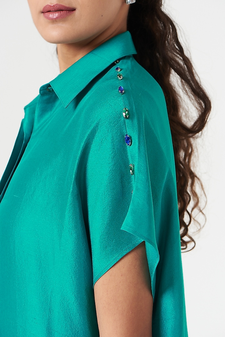 Emerald Silk Embellished Tunic Shirt  by 431-88 By Shweta Kapur at Pernia's Pop Up Shop