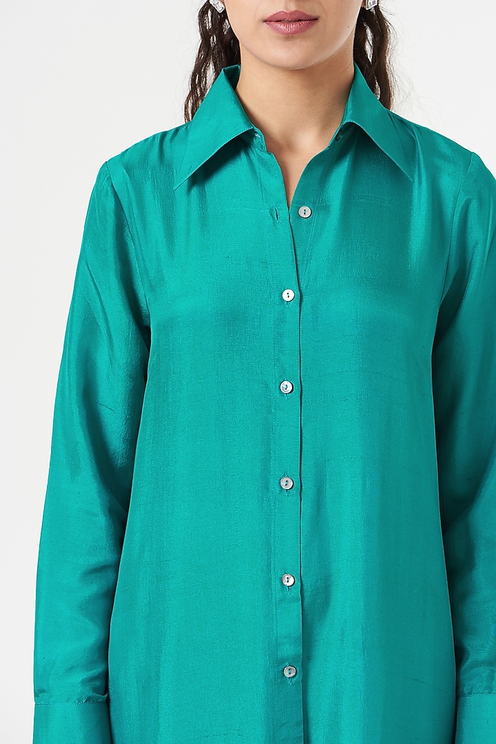 Emerald Silk Maxi Shirt by 431-88 By Shweta Kapur at Pernia's Pop Up Shop