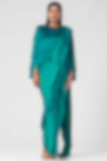 Emerald Green Satin Draped Saree by 431-88 By Shweta Kapur at Pernia's Pop Up Shop