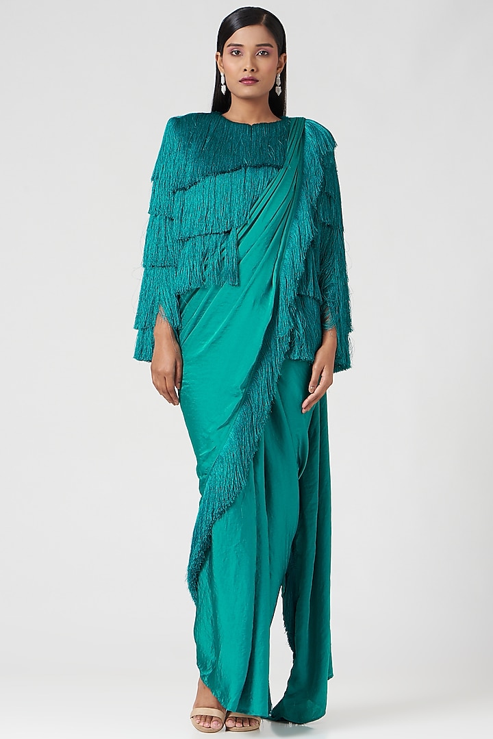 Emerald Green Satin Draped Saree by 431-88 By Shweta Kapur at Pernia's Pop Up Shop