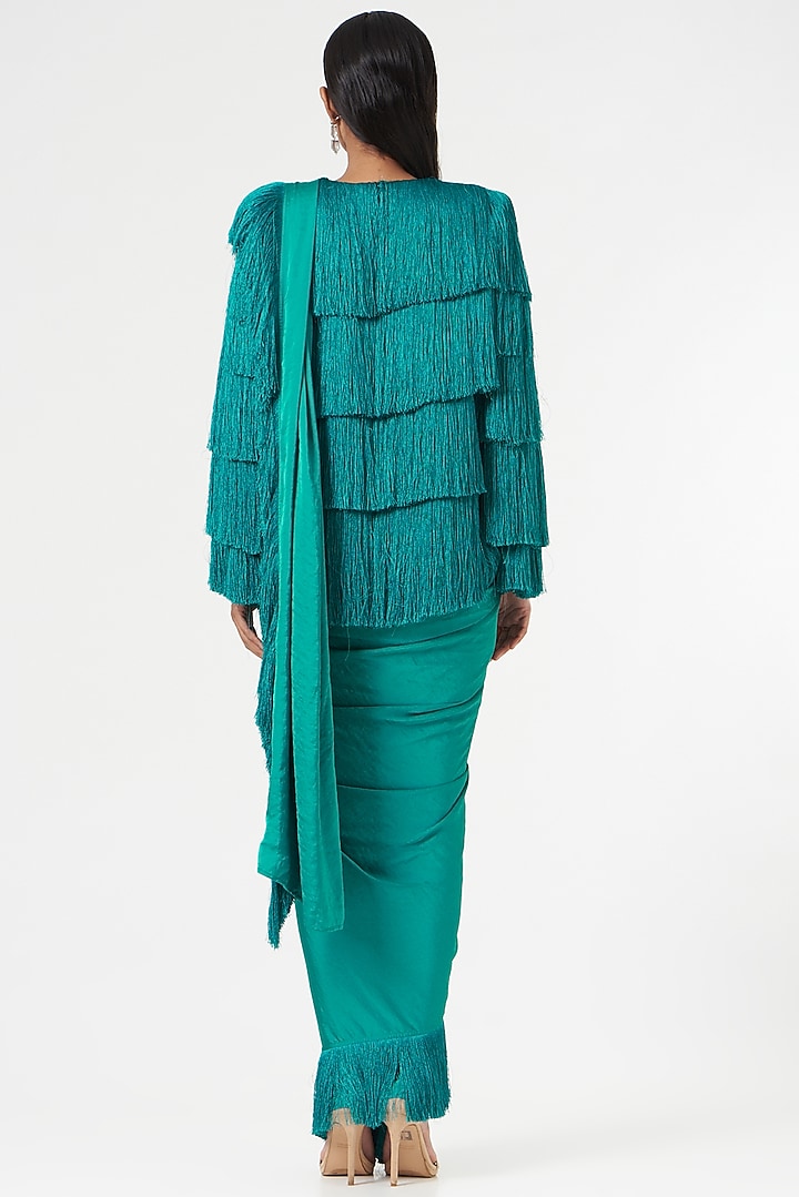 Emerald Green Satin Draped Party Wear Saree by 431-88 By Shweta Kapur at Pernia's Pop Up Shop