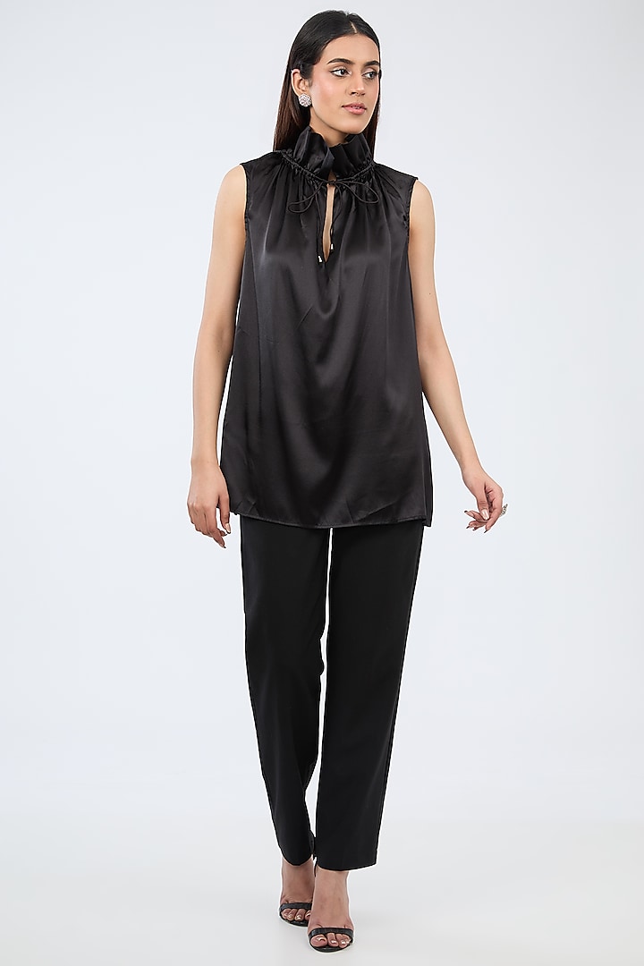 Black Silk Satin Ruffled Sleeveless Top by 431-88 By Shweta Kapur at Pernia's Pop Up Shop